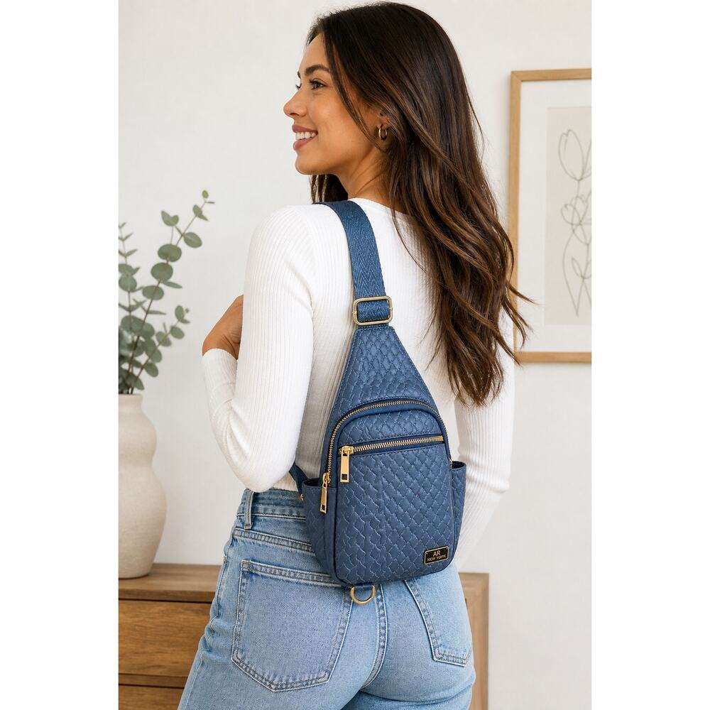 AR New York Crossbody Sling Bag Blue Vegan Leather Quilted Gold Hardware NWT 🌼